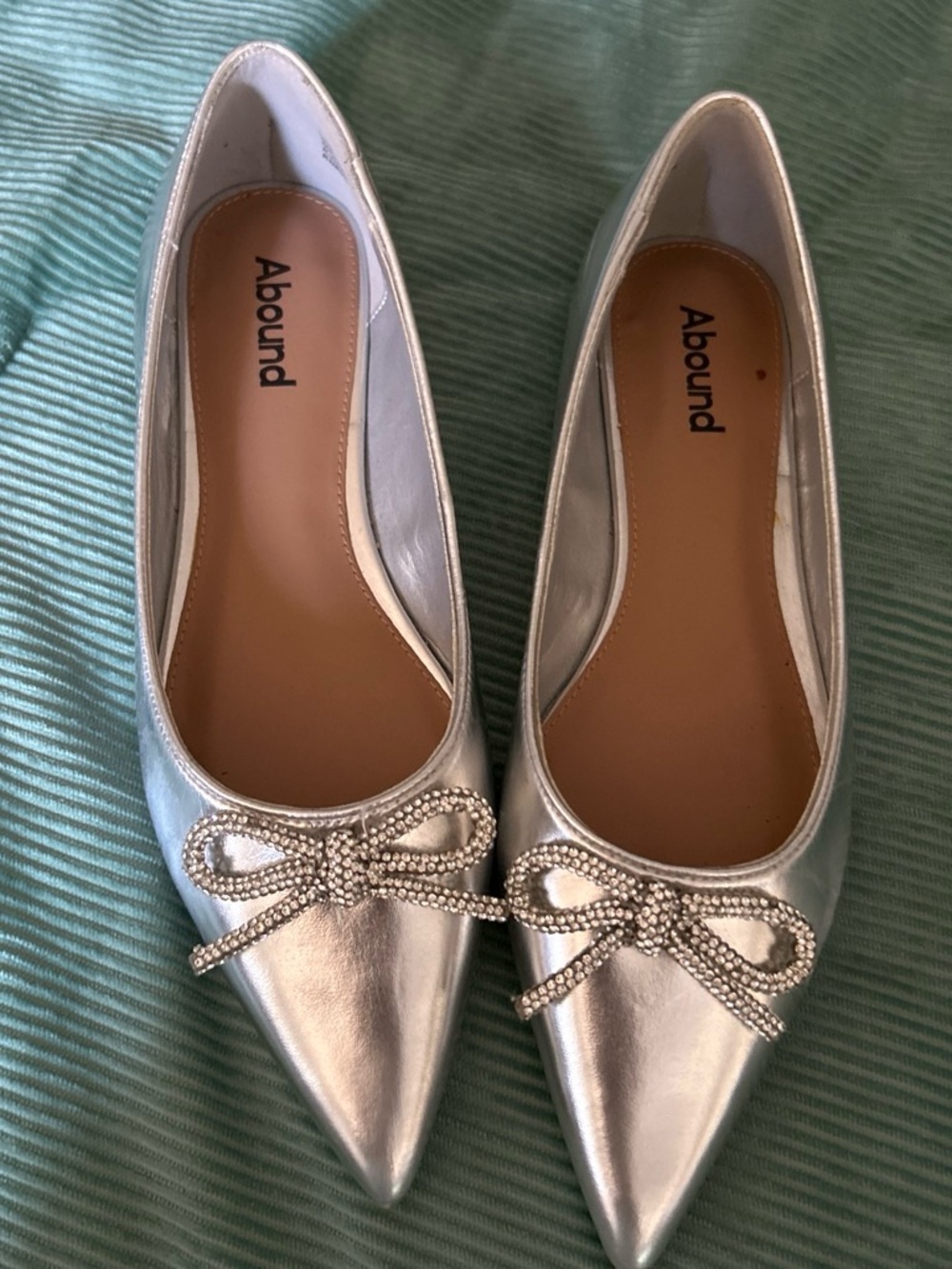Abound Metallic Silver Pointed Ballet Flats with Crystal Bow